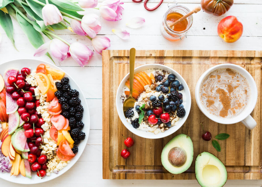 healthy food in wooden tray