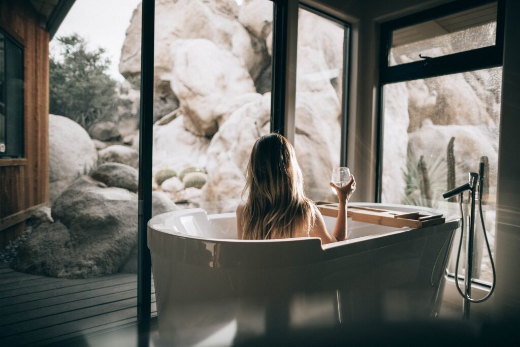 woman in white bathtub